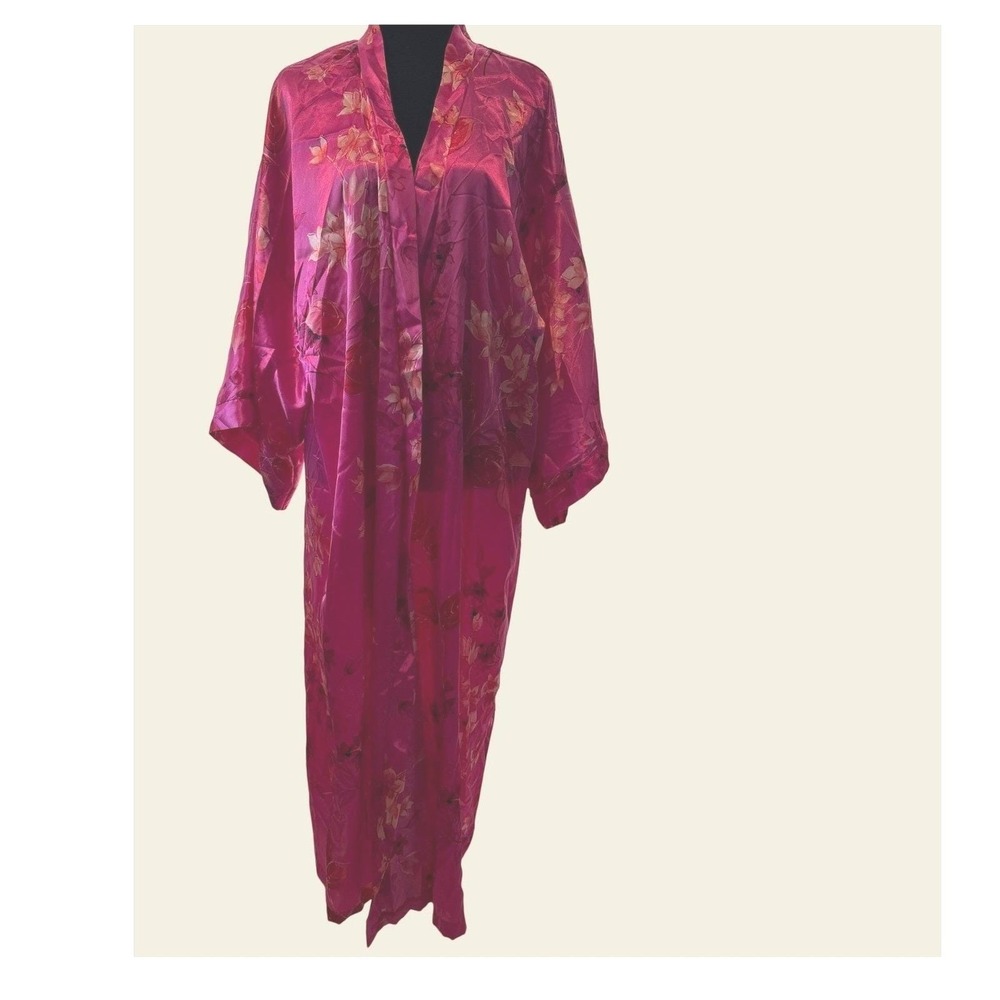 Vintage 90s California Dynasty Hot Pink Floral Satin Long Kimono Robe XL
